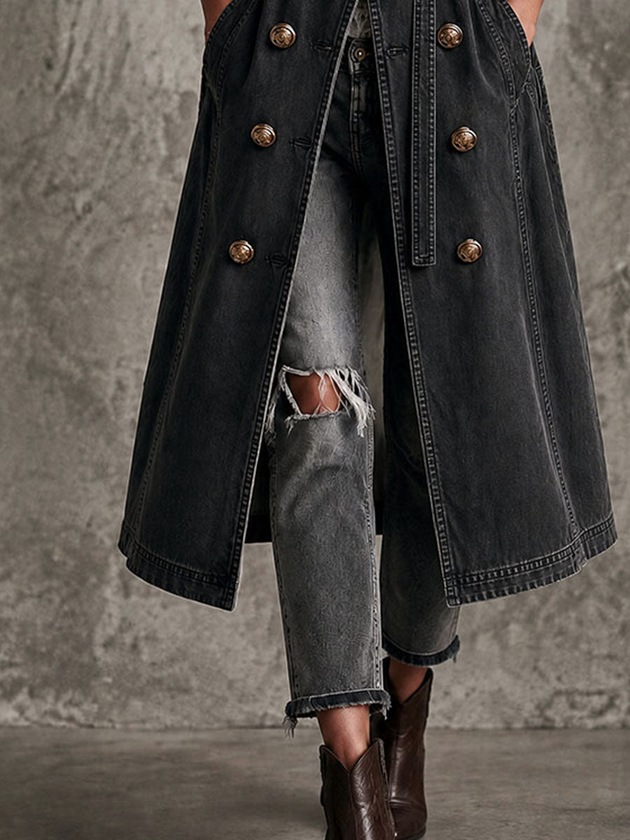 Distressed Denim Belted Trench Coat - view 3