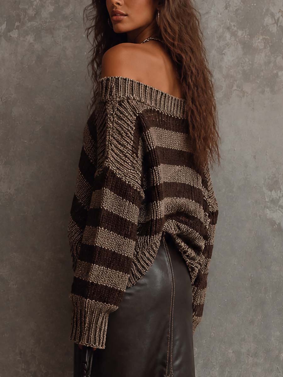 Retro Color-Blocking Off-Shoulder Striped Chunky Knit Sweater - view 4
