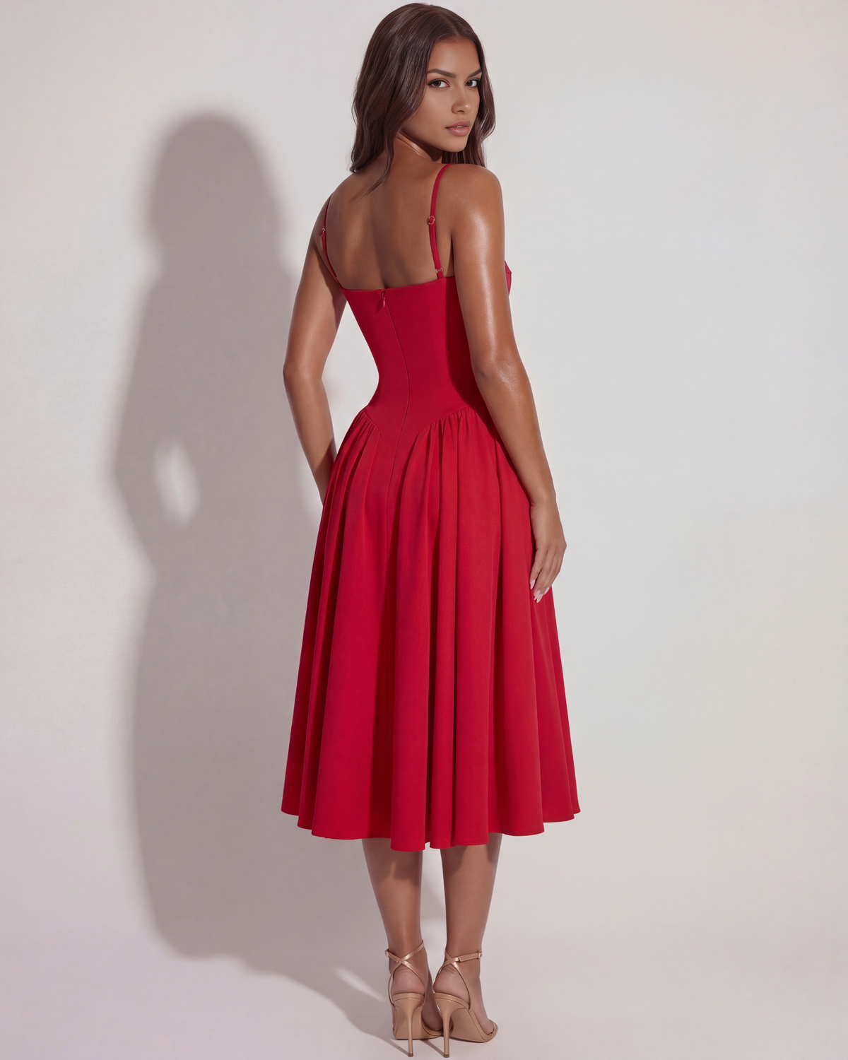 Amelia - Red Corset Twill Midi Dress - view 12