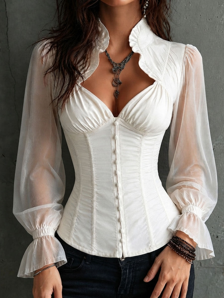Retro Romantic White Sheer Sleeve Corset Blouse Ruffled Collar - view 14
