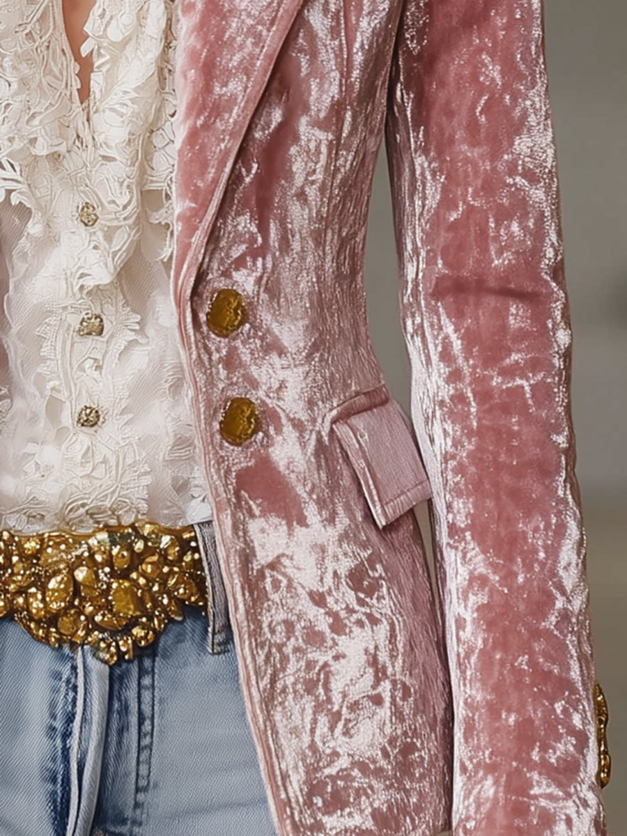 Fashion Retro Pink Velvet Gold Button Blazer - view 5