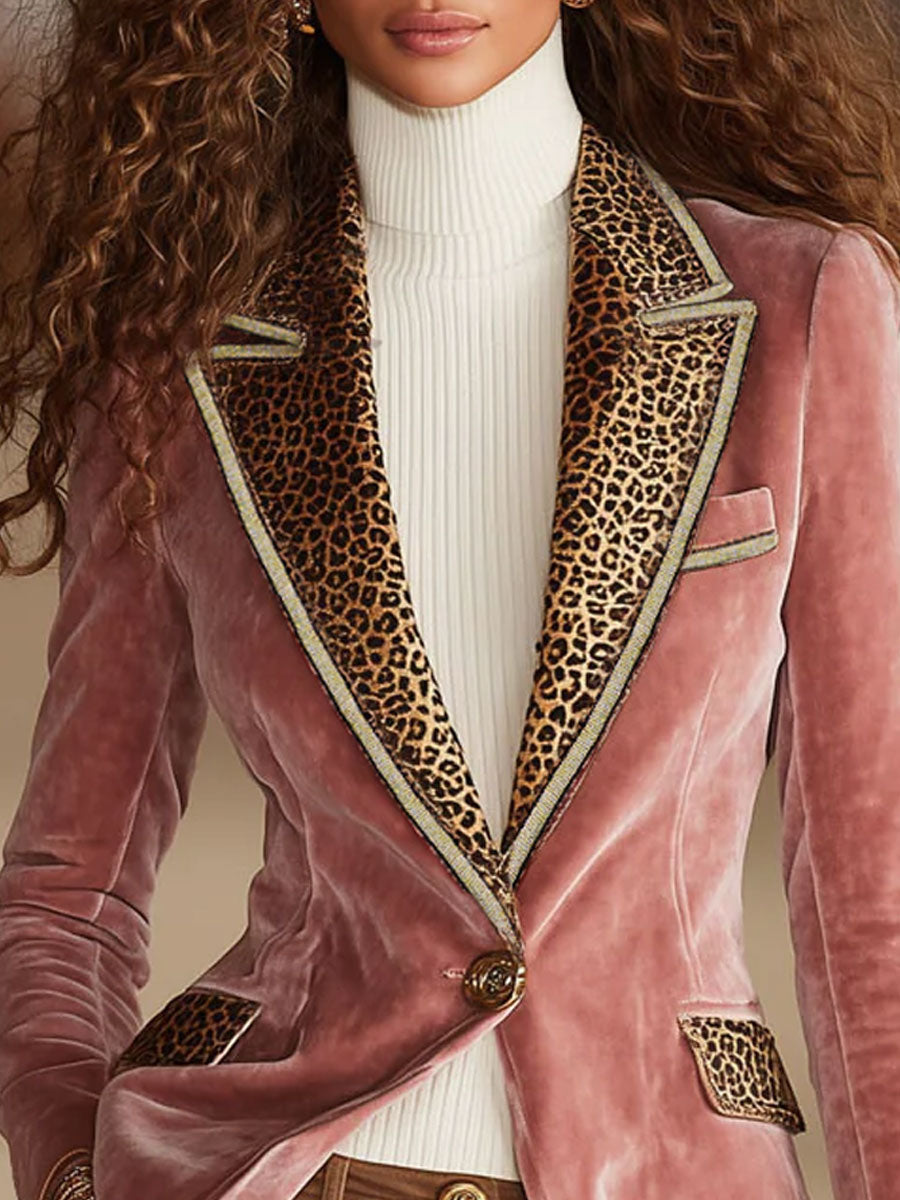 Pink Velvet Stitching Leopard Print One Button Blazer - view 8