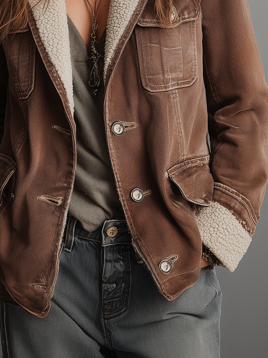 Retro Multi-Pocket Faux Sherpa Lined Denim Coat - view 4