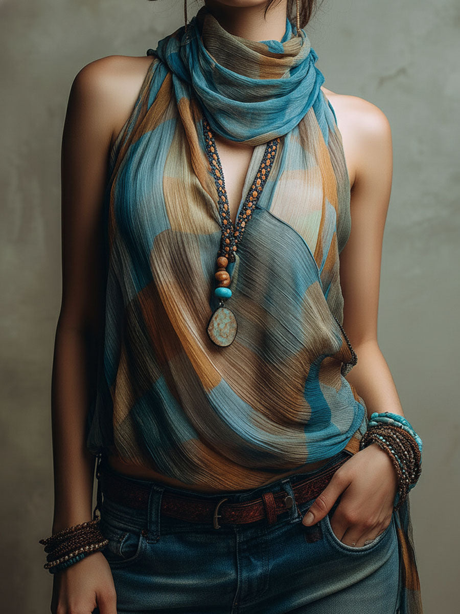 Boho Blue and Amber Chiffon Halter Blouse with Scarf Neck - view 8