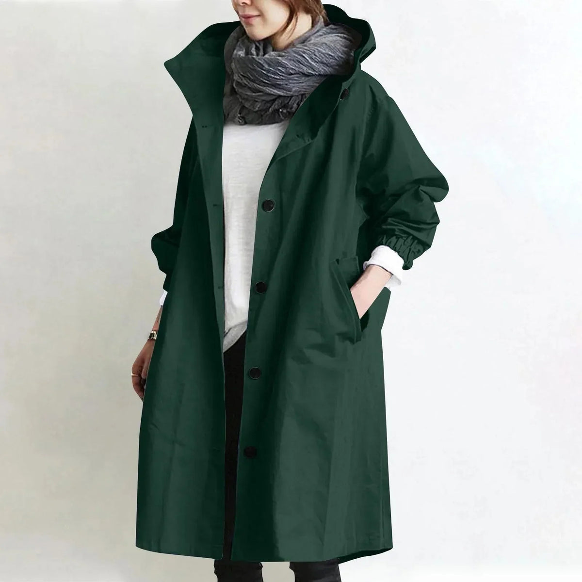 Emmeline - Hooded Longline Trench Coat - Dark Green