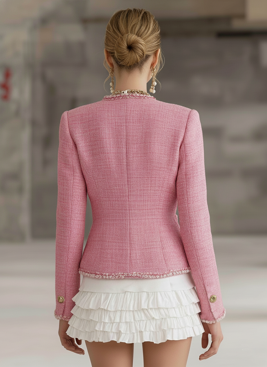 Designer Pink Tweed Patchwork White Trim Button Jacket - view 5