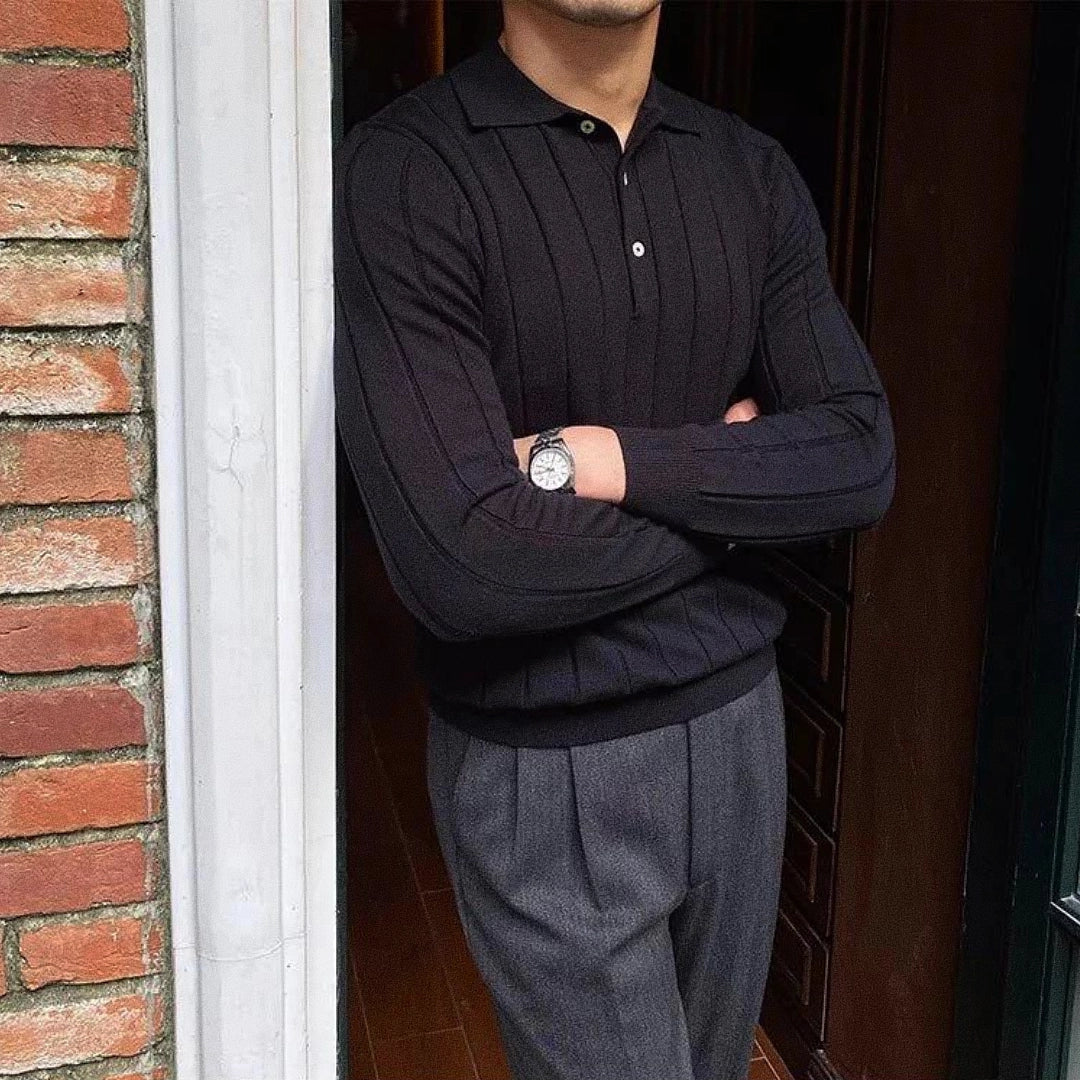 Emmett | Ribbed Long-Sleeve Knit Polo - view 9