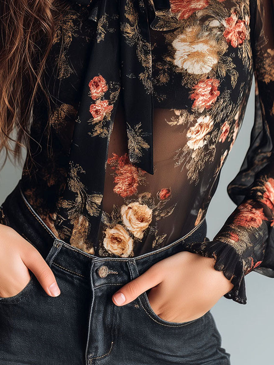 Vintage Black Sheer Chiffon Floral Tie Neck Blouse - view 7