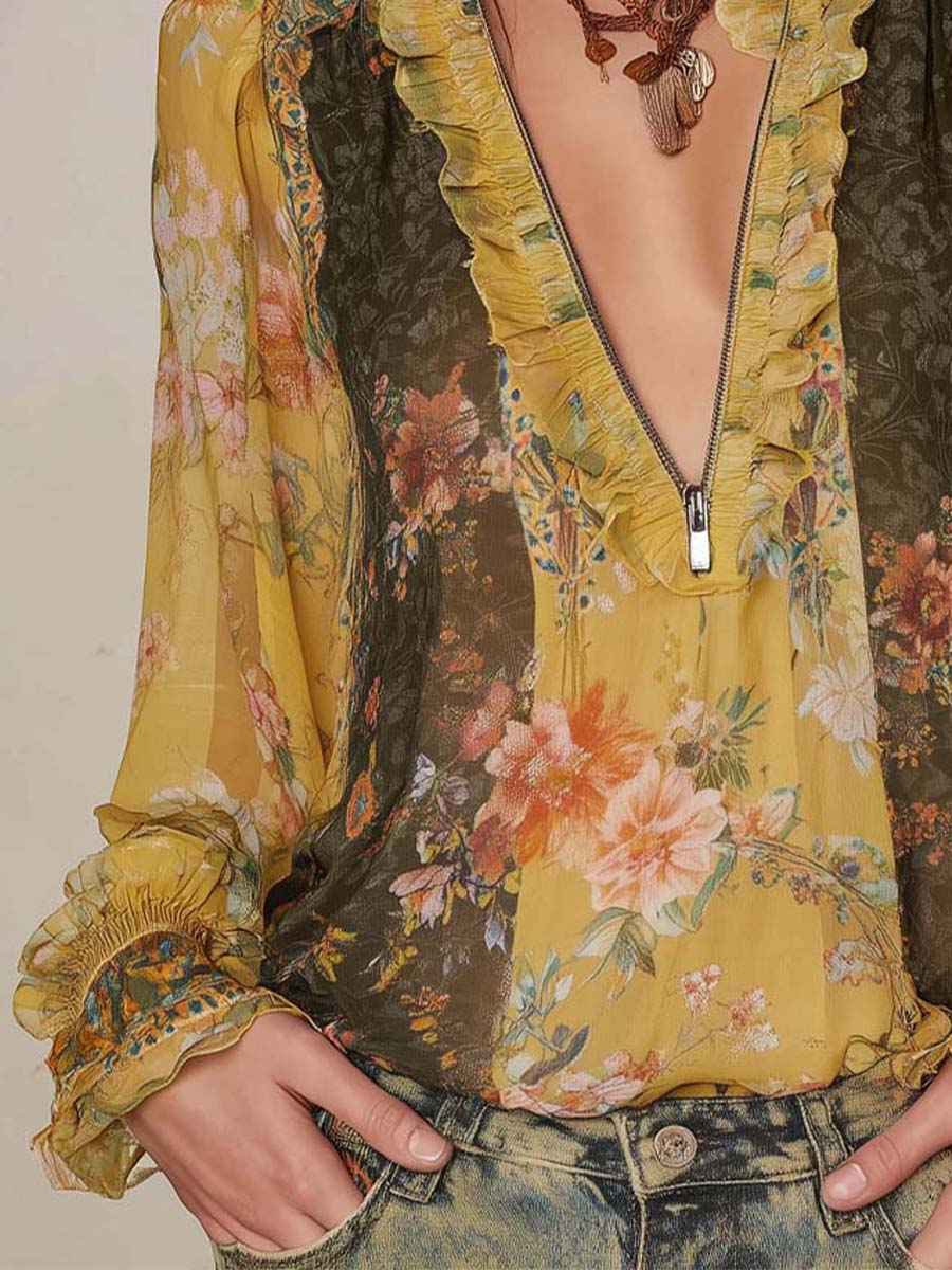 Zip-Front Ruffled Floral Chiffon Blouse - view 8
