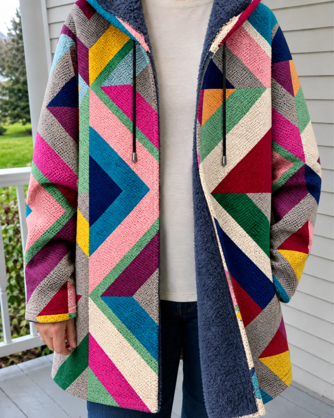 Alexis - Bold Geometric Fleece-Lined Coat