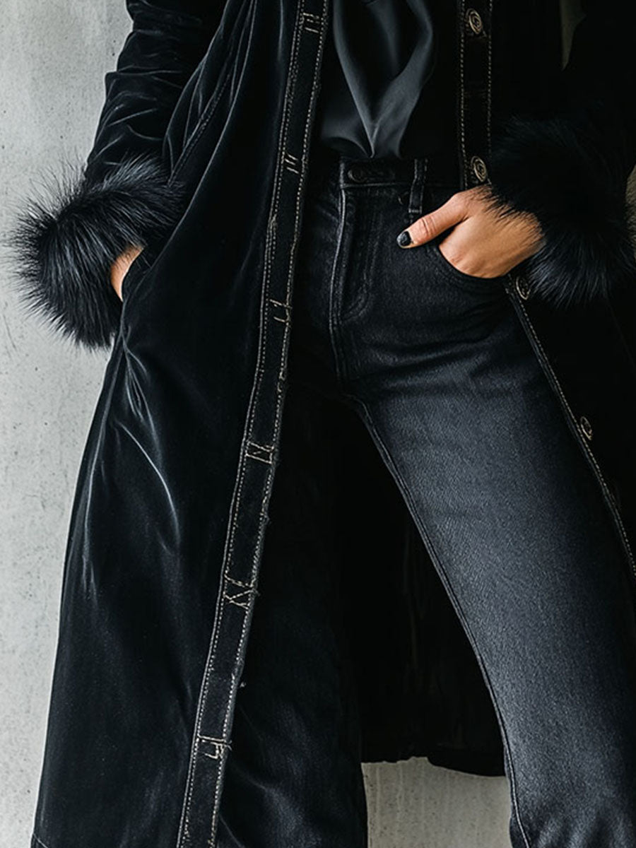 Black Velvet Long Coat with Eco Fur Collar - view 7