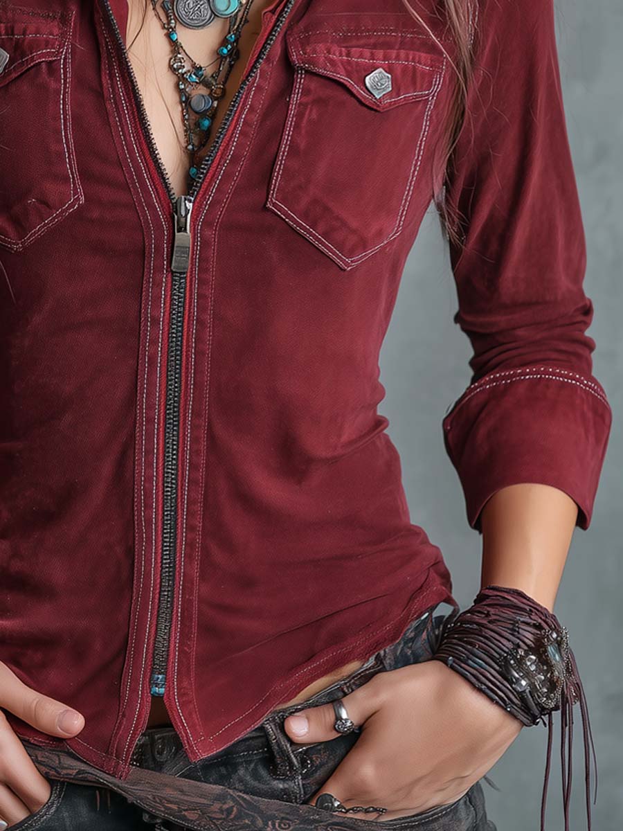 Vintage Zip-up Collar Flap Pocket Distressed Denim Shirt - view 4