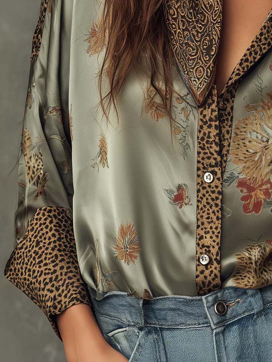 Satin Floral Button-Down Shirt with Leopard Trim - view 7
