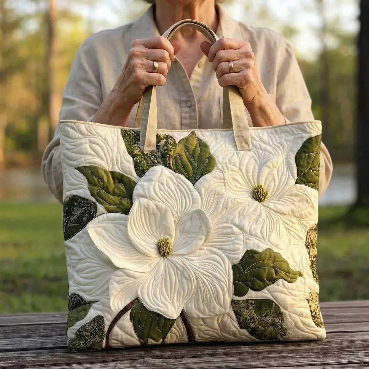 Artisanal Quilted Tote Bag - White Lilies
