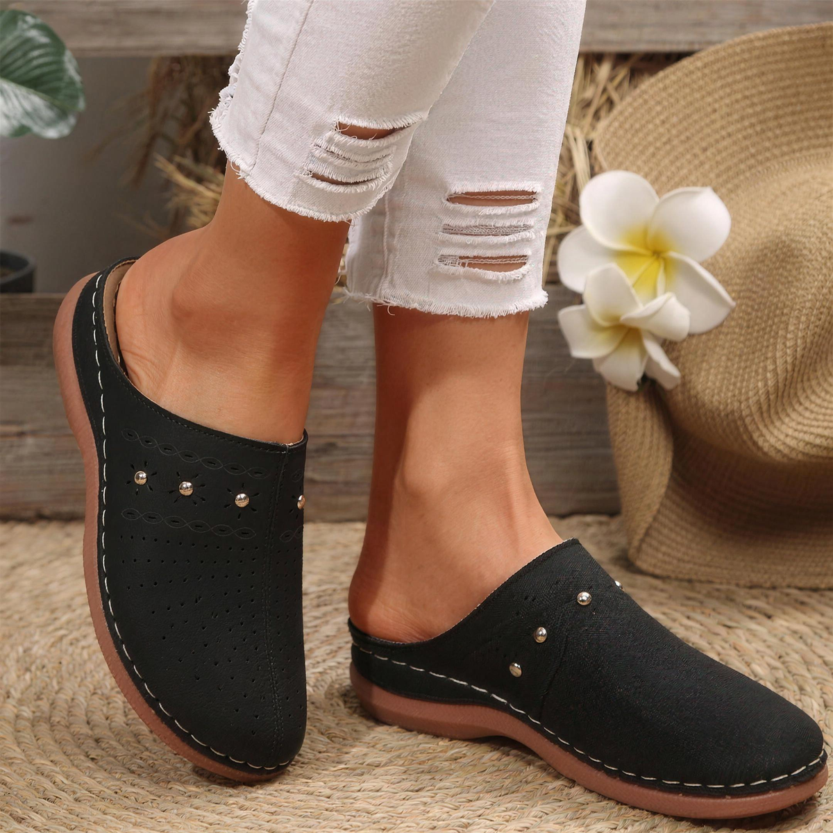 Ashley - Perforated Studded Wedge Mules