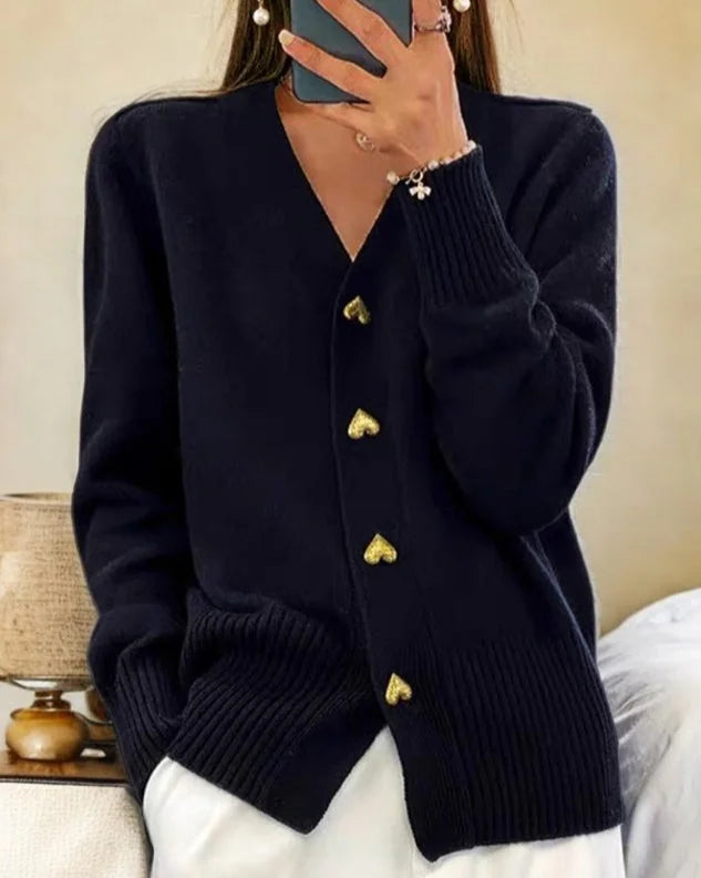 Michaela v-neck heart-button cardigan worn casually