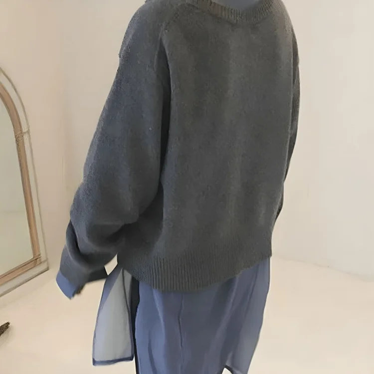Luna asymmetric button cardigan worn relaxed