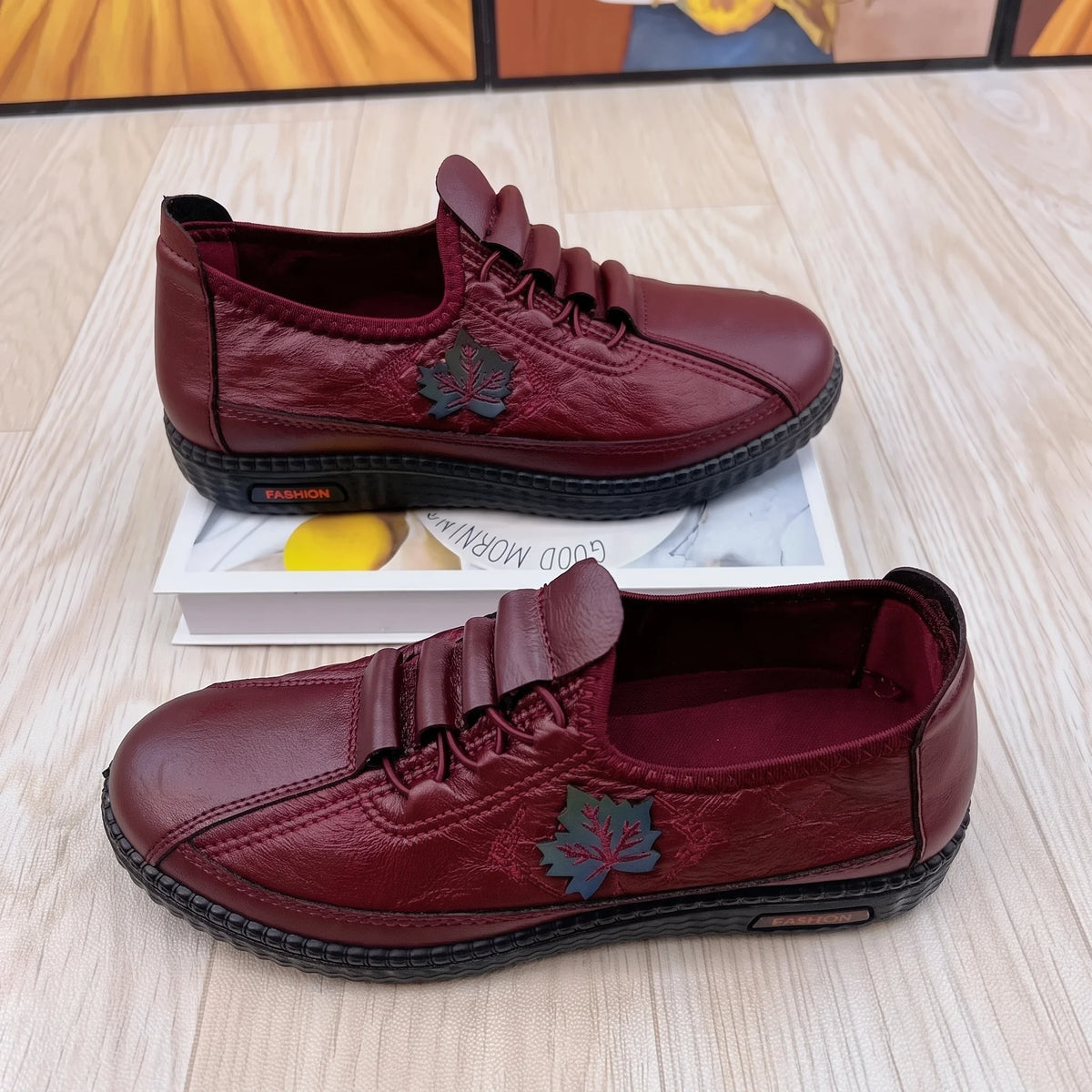 Joanne burgundy leather slip-on shoes top view