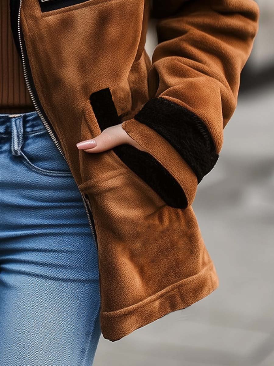 Women's Retro Zipper Contrast Color Suede Coat - view 5