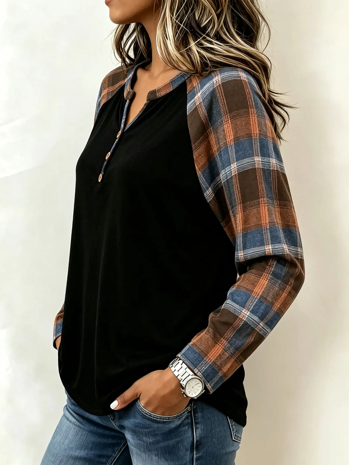 Emily - Plaid Patchwork Henley Long Sleeve Top
