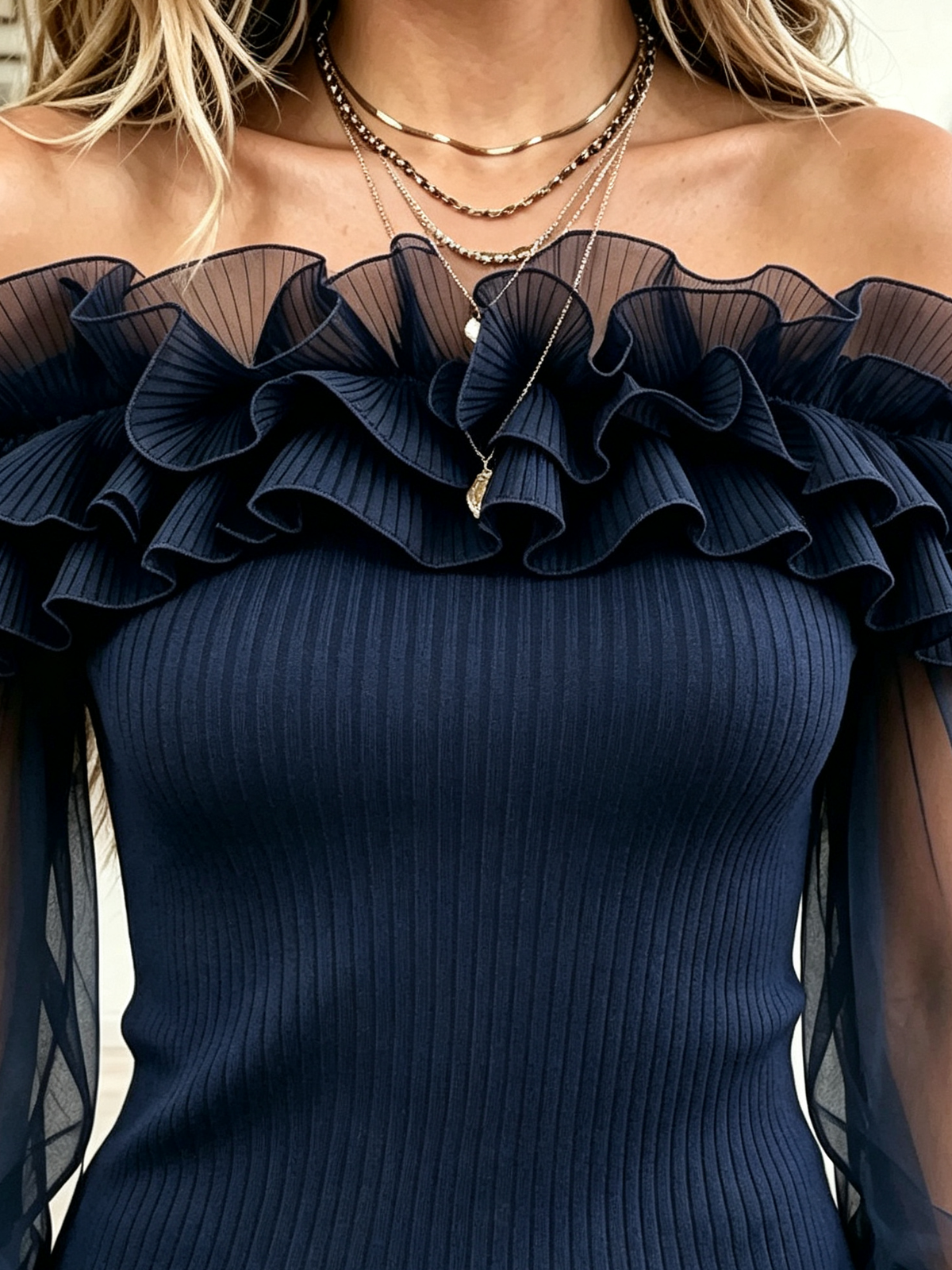 Léa - Pleated Ruffle Sheer Sleeve Off-the-Shoulder Top