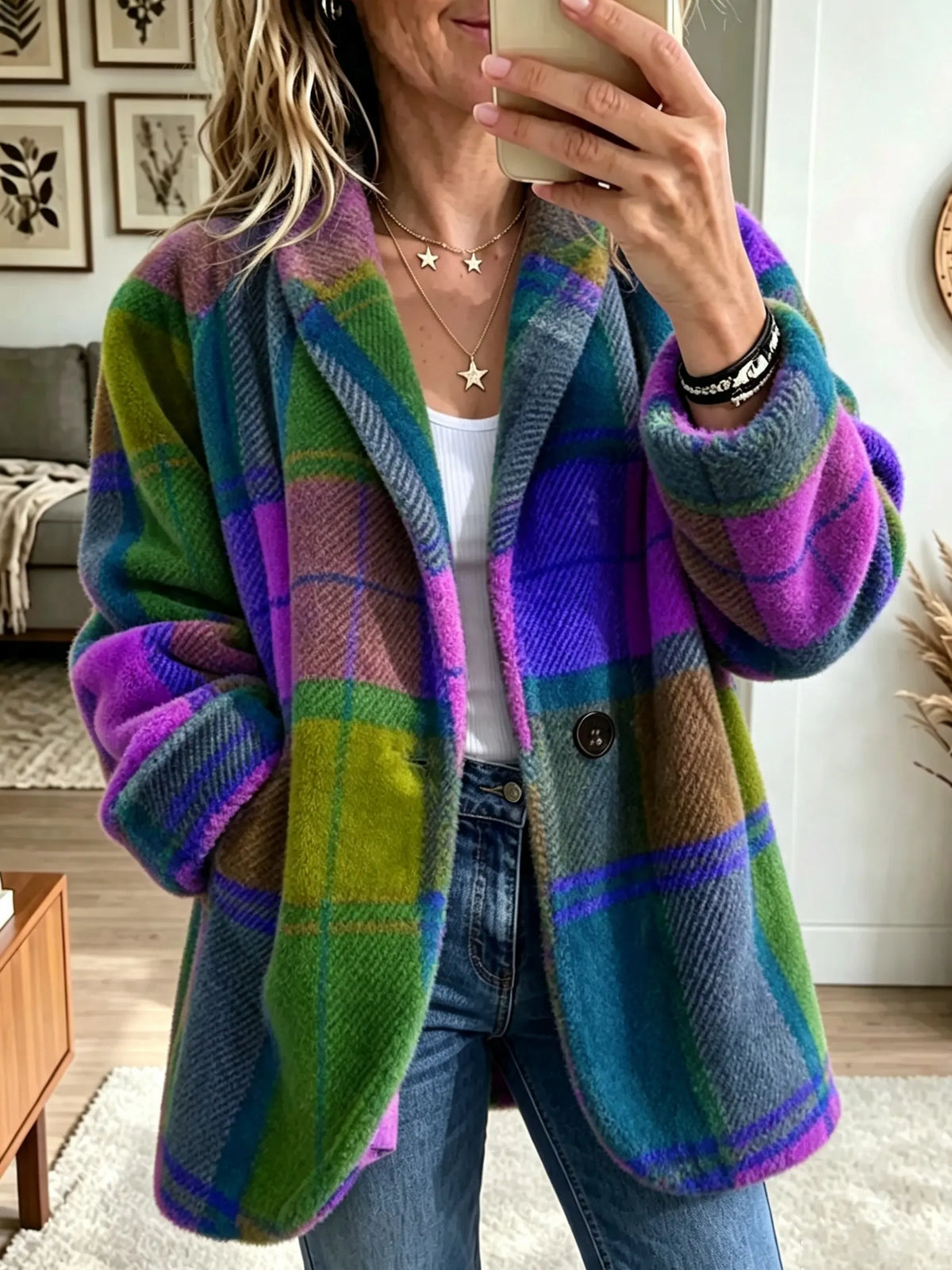 Nora - Multicolour Plaid Fleece Coat