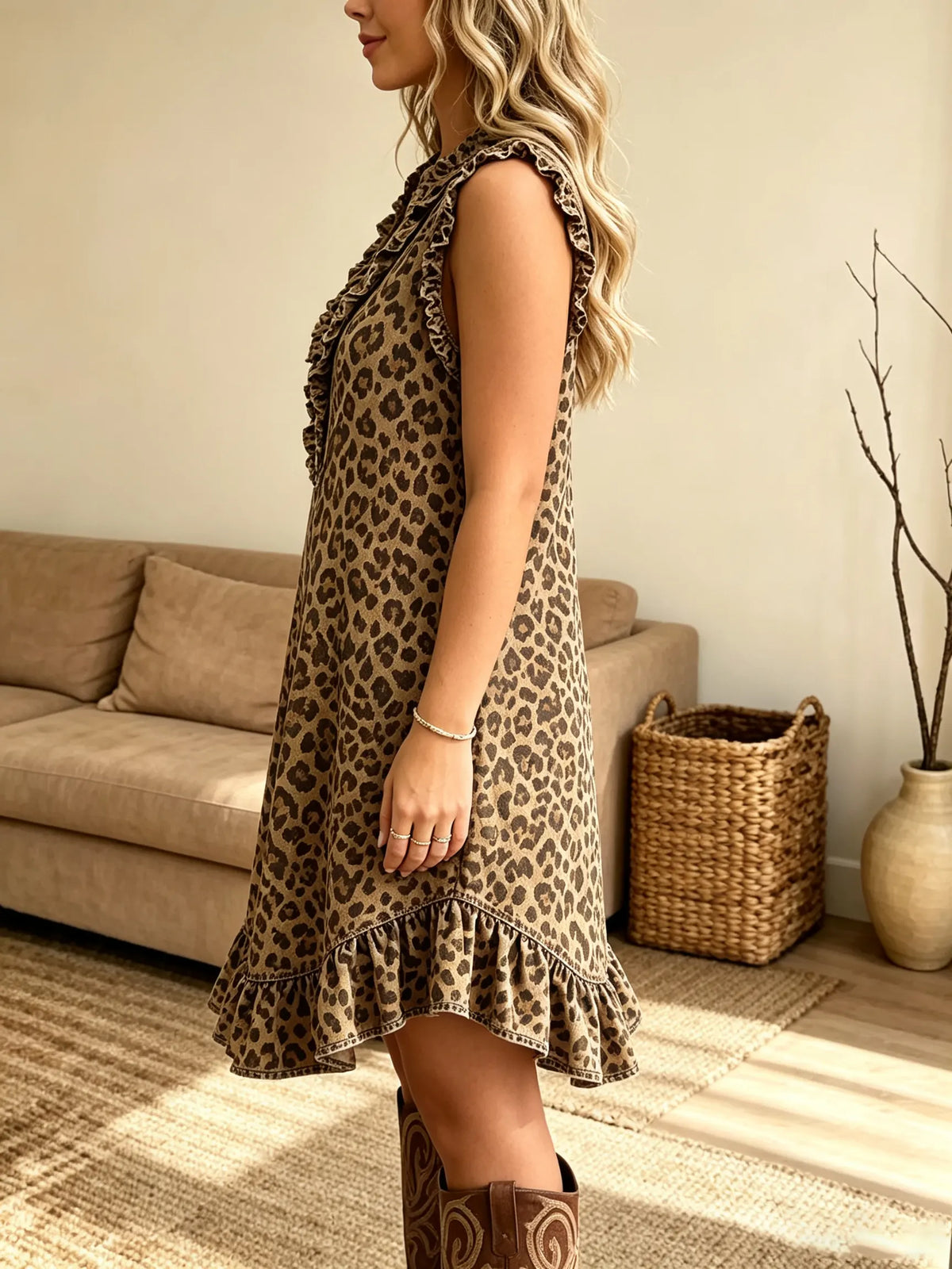 Mia - Leopard Print Ruffle V-Neck Shift Dress