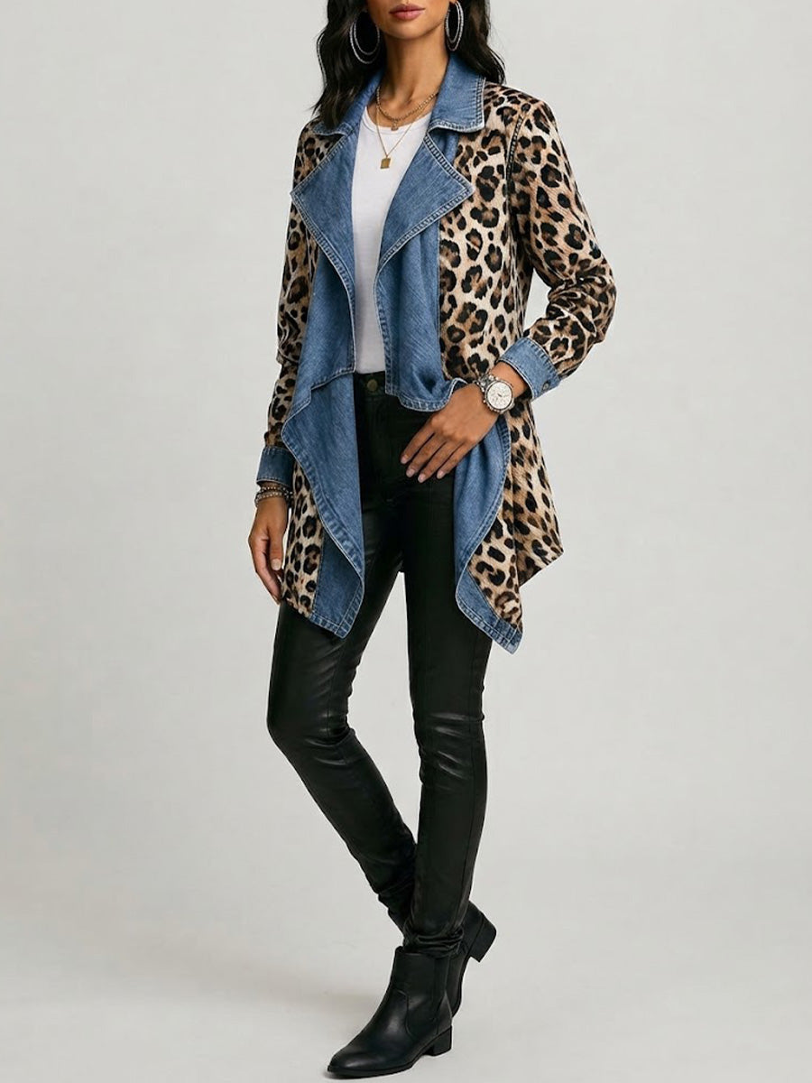 Georgia - Leopard Print & Washed Denim Paneled Mid-Length Jacket