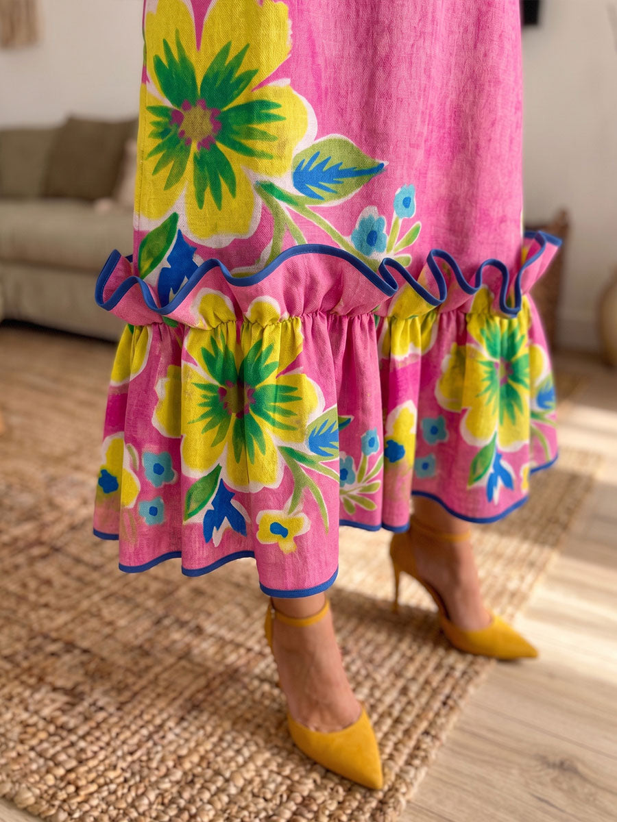 Solène - Colour-Blocked Ruffle Midi Dress with Pockets
