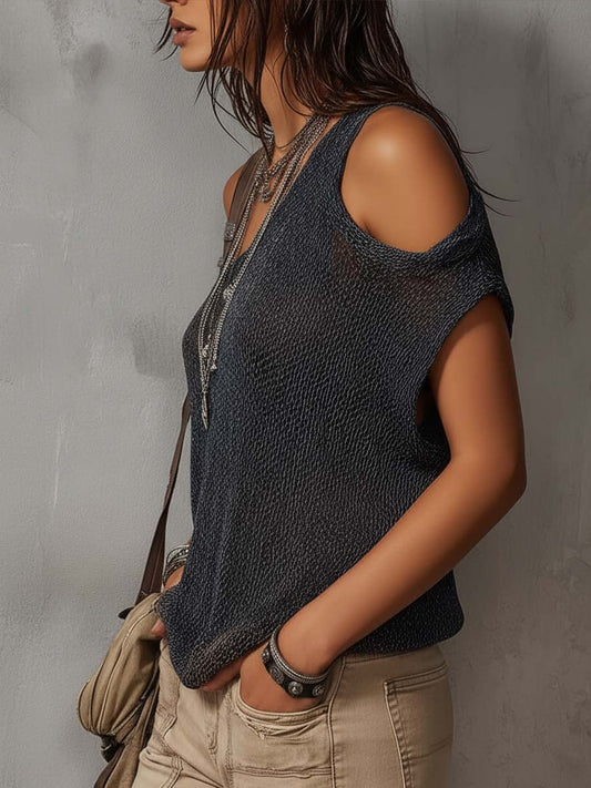 Retro Irregular Shoulder Knit Blouse - view 2