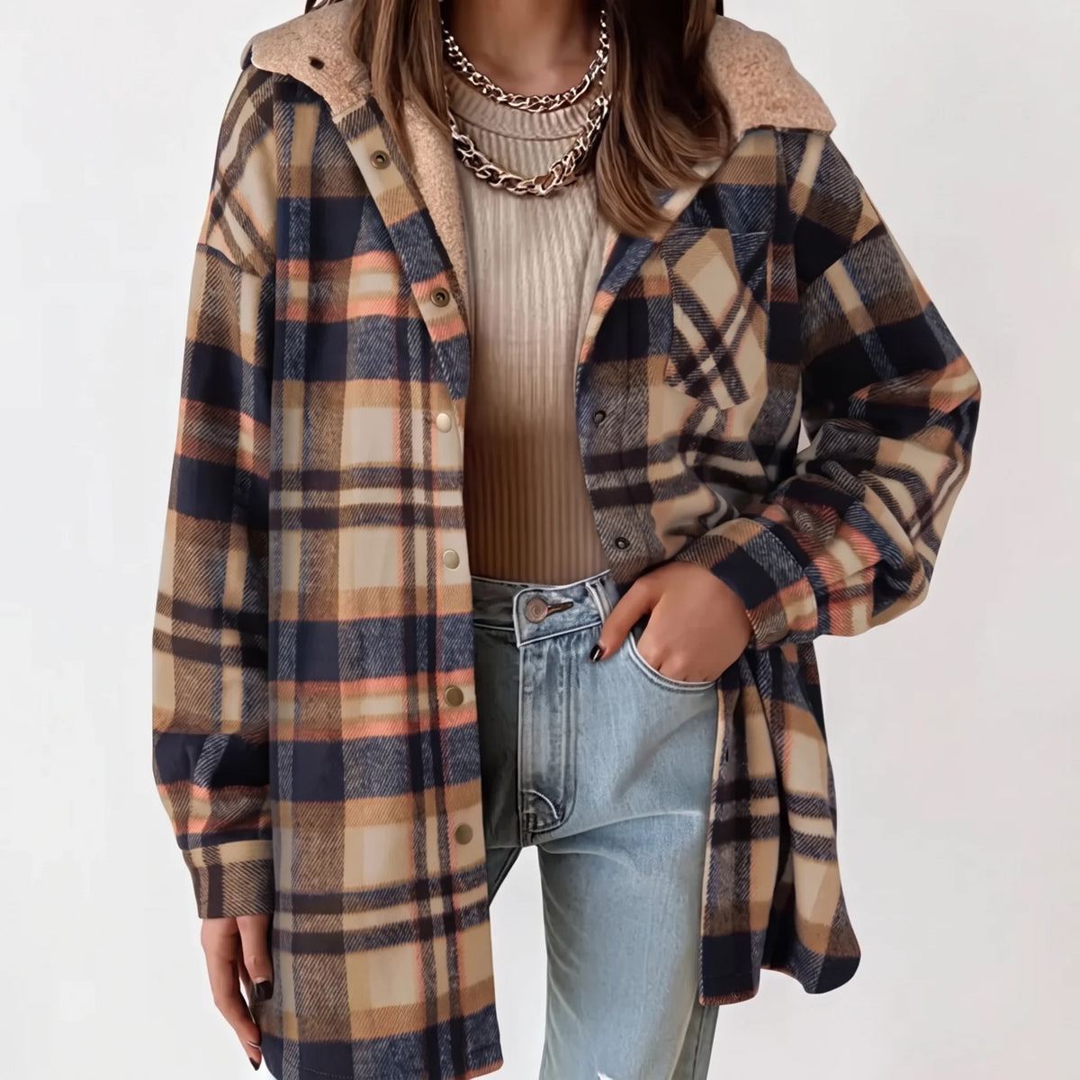 Ariana Hooded Plaid Flannel Jacket - Beige