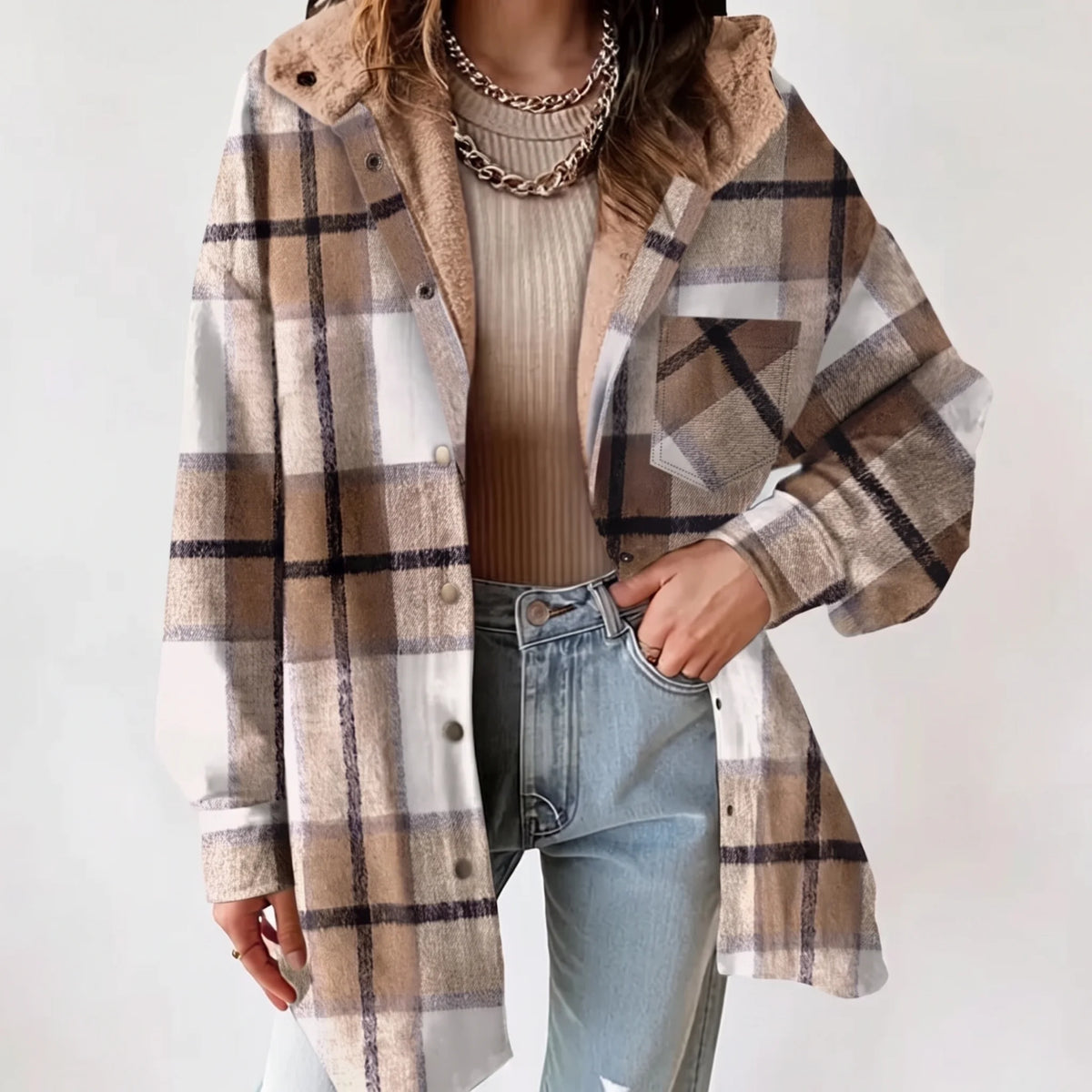 Ariana Hooded Plaid Flannel Jacket - French Beige