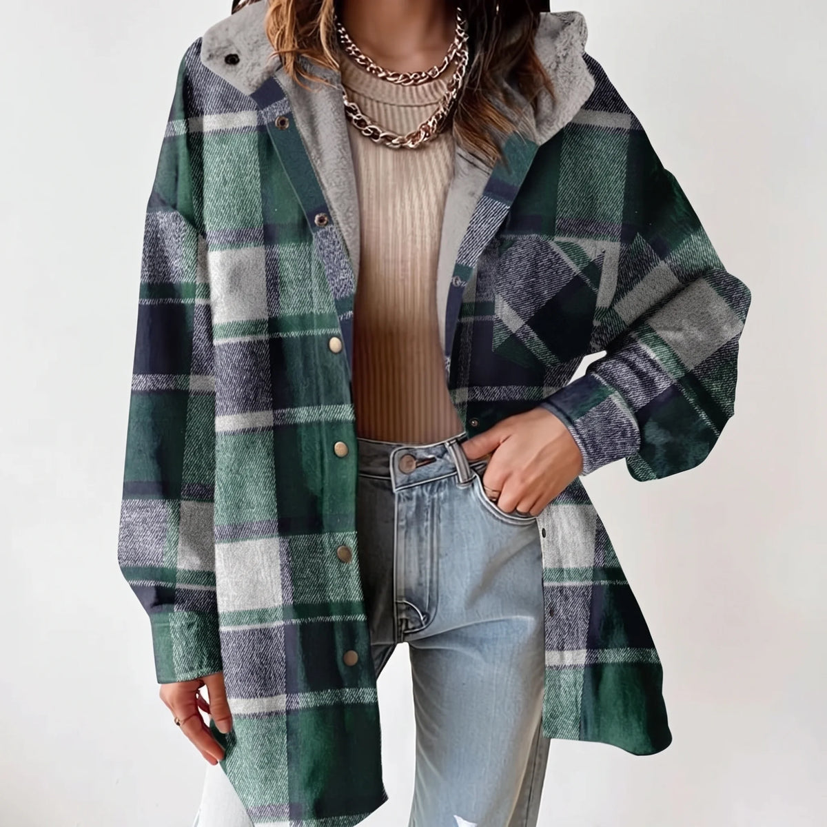 Ariana Hooded Plaid Flannel Jacket - Green