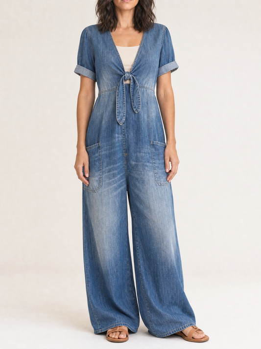 Willow - Short-Sleeve V-Neck Denim Jumpsuit