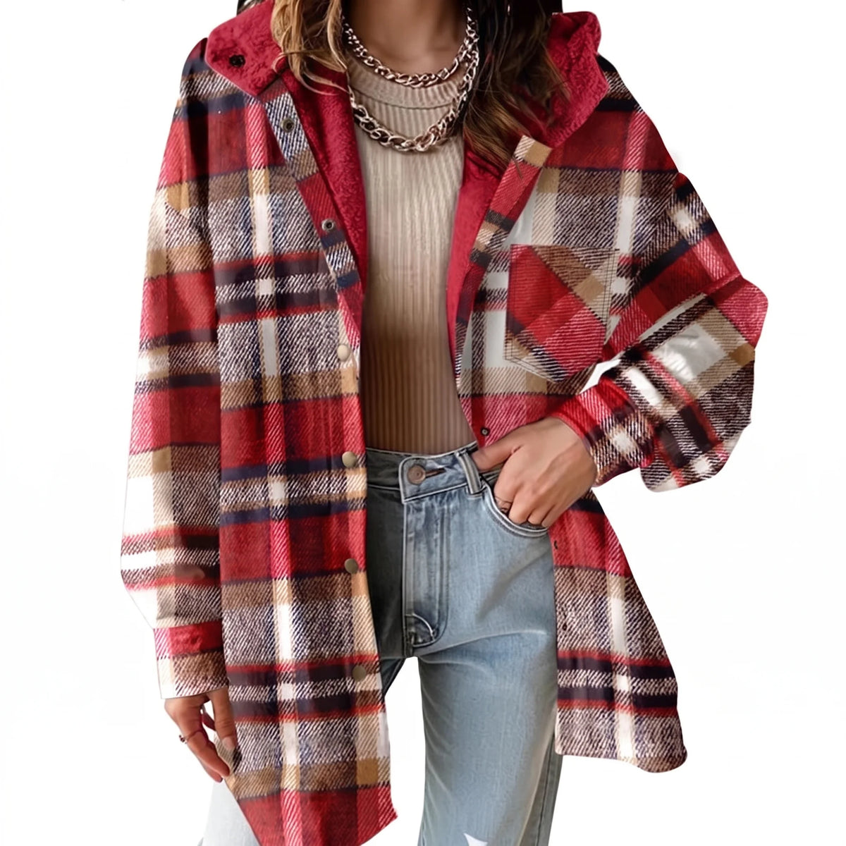Ariana Hooded Plaid Flannel Jacket - Red