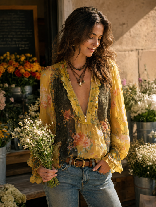 Zip-Front Ruffled Floral Chiffon Blouse - view 2