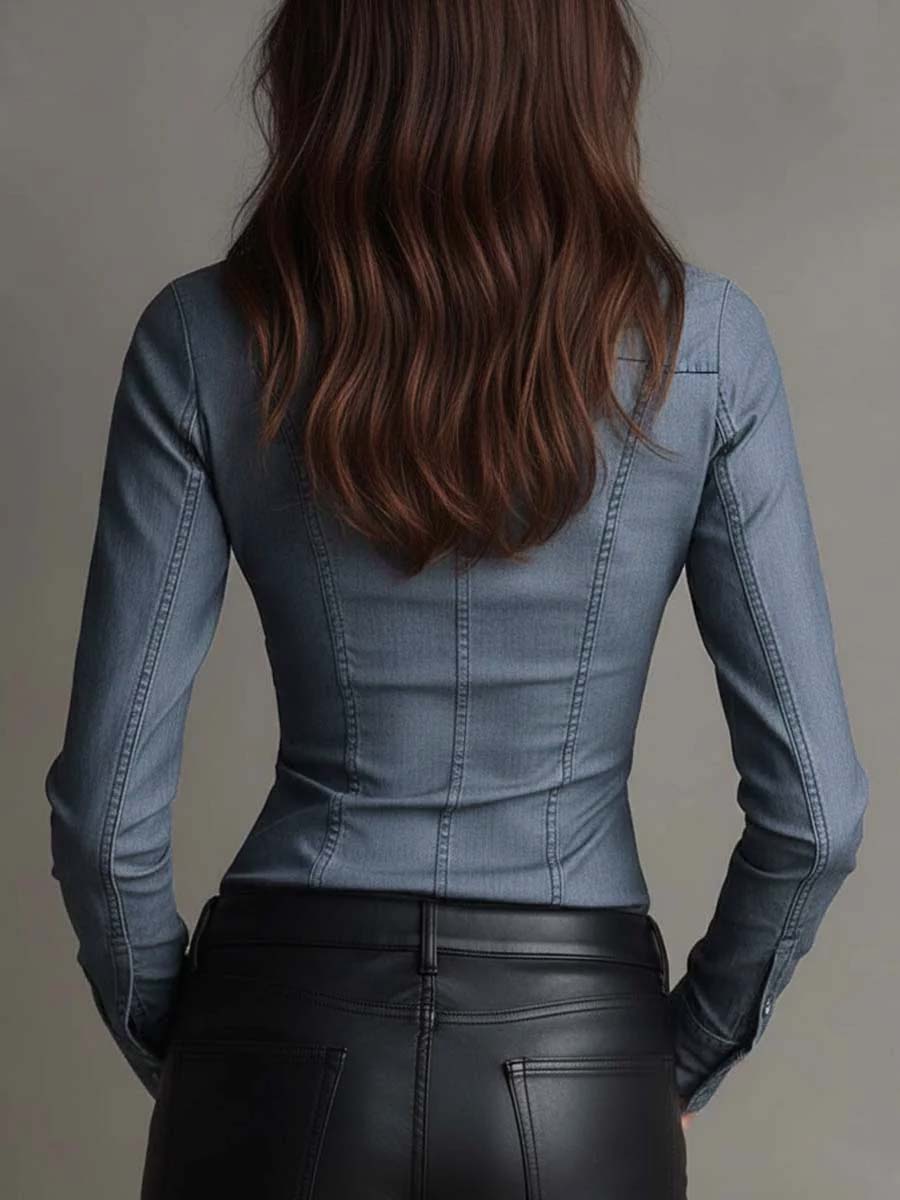 Tencel Denim Fitted Shirt with Ruched Waist - view 3