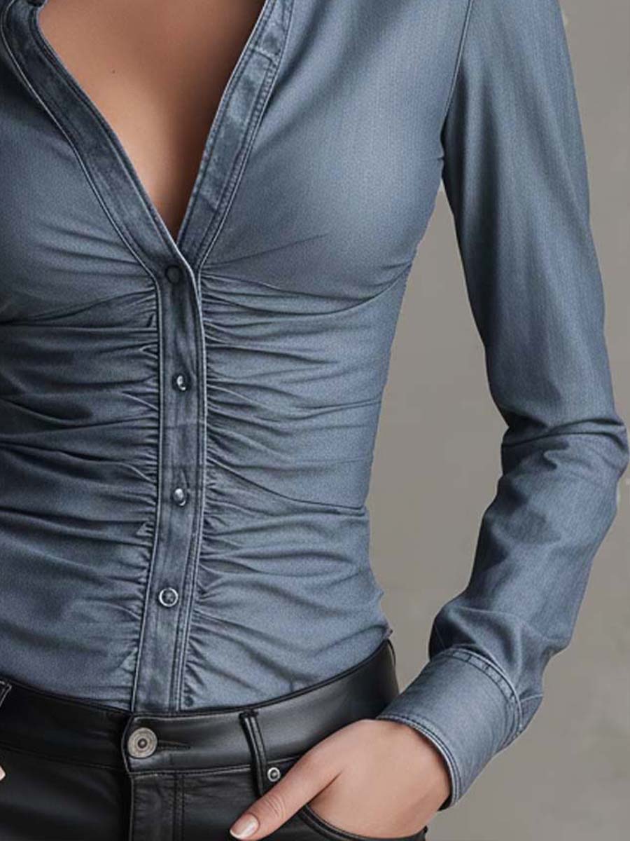 Tencel Denim Fitted Shirt with Ruched Waist - view 6