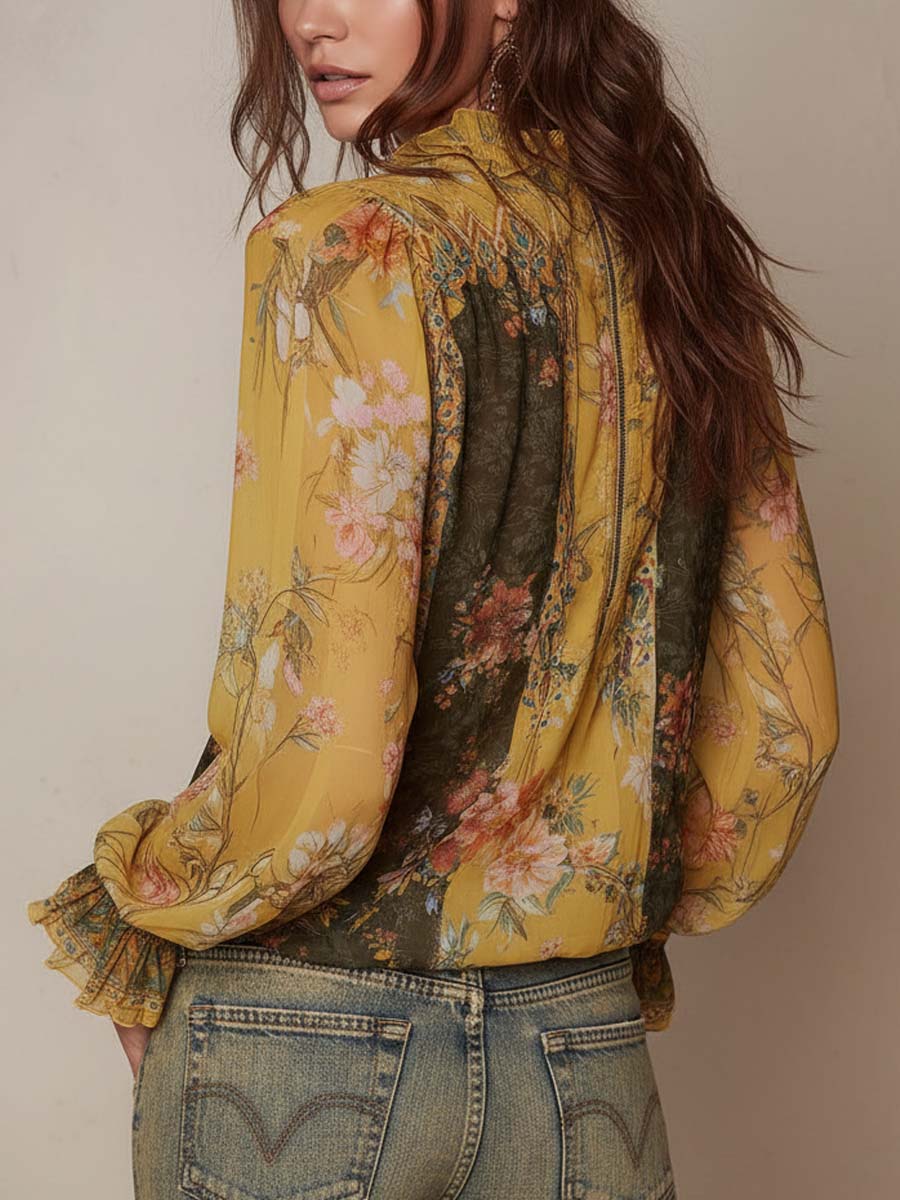 Zip-Front Ruffled Floral Chiffon Blouse - view 4