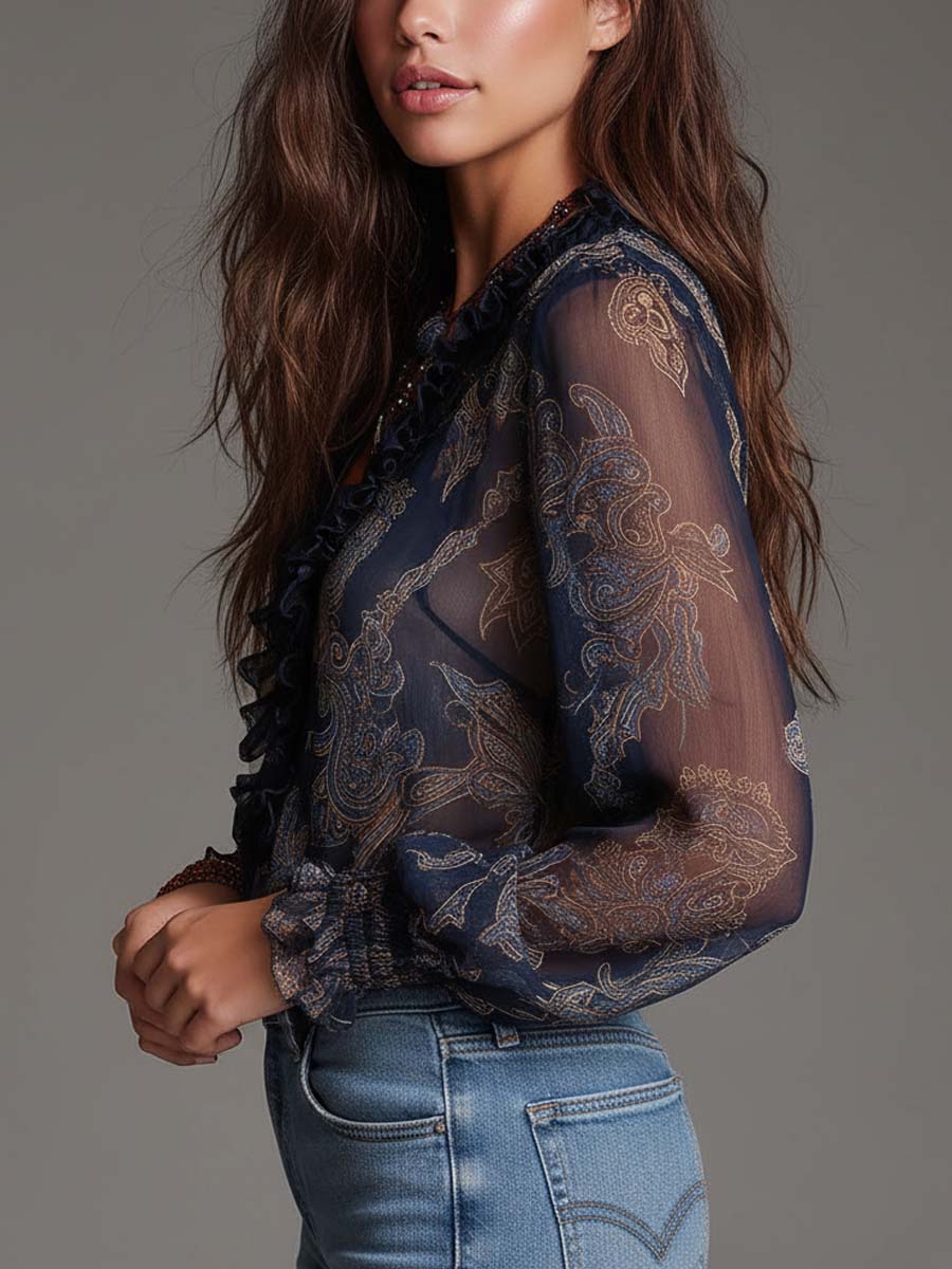 Navy Baroque Paisley Ruffle Zip Chiffon Blouse - view 3