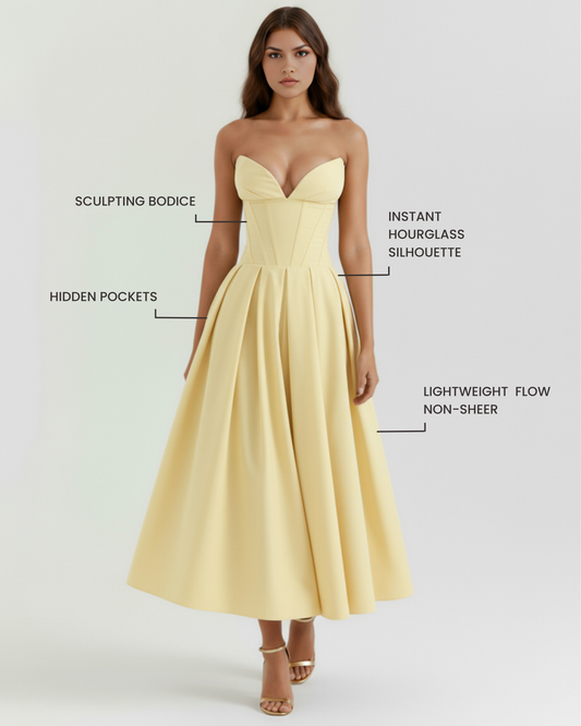 Camille - Light Yellow Corset Full Skirt Midi Dress - view 2