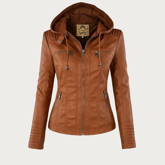 Kristen - Hooded Biker Jacket - Light Brown