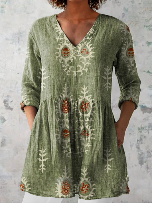 Elise - Long Blouse with V-Neck - Green