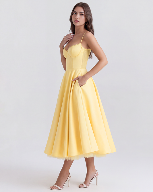 Élodie - Butter Yellow Corset Satin Midi Dress - view 2