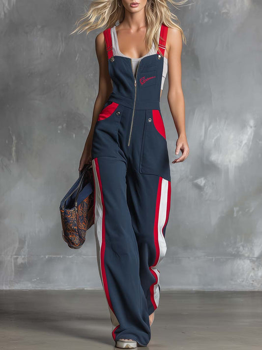 Dark Blue Contrast Front-Zip Cotton Overalls