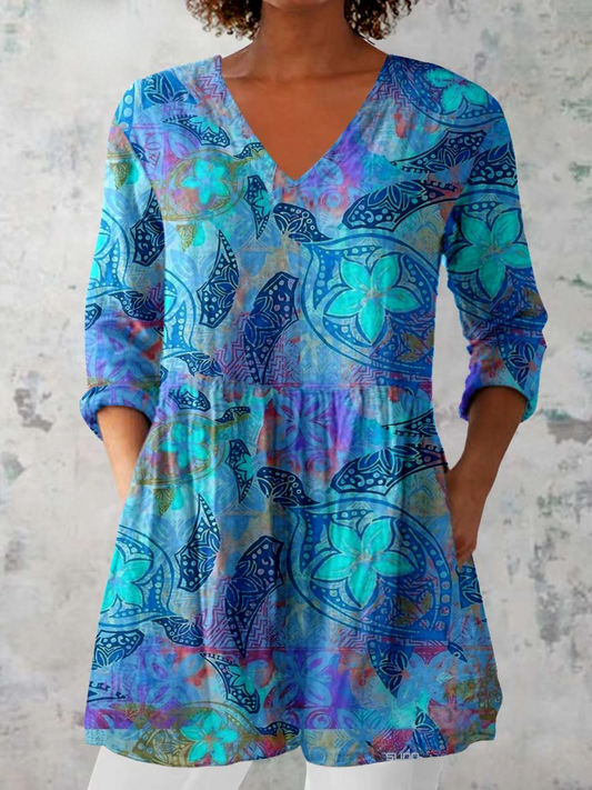 Juliette - Long Blouse with V-Neck - Blue