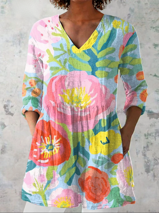 Helene - Long Blouse with V-Neck - Multicolor