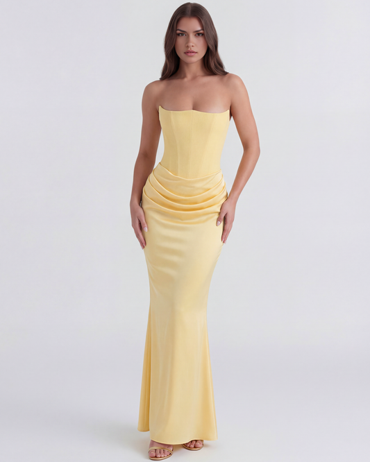 Delphine - Butter Yellow Corset Draped Maxi Gown