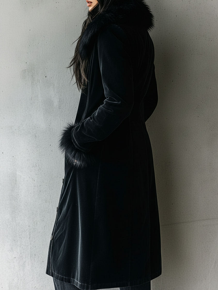 Black Velvet Long Coat with Eco Fur Collar - view 4