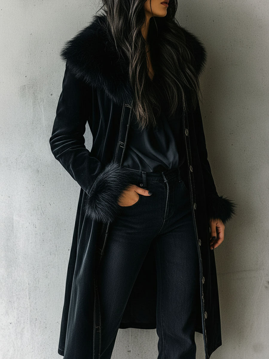Black Velvet Long Coat with Eco Fur Collar - view 2
